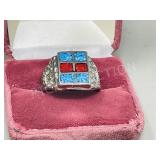 men's turquoise & coral chips ring- size 11