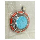 Tibetan turquoise, coral & silver pendant/ chain