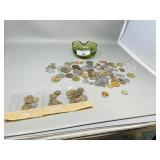 assorted world coins w/ USA wheat pennies