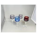 4- vintage colored crystal wine glasses