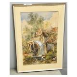 framed watercolor 'water wheel' unsigned