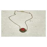 Tibetan red coral & brass pendant & brass chain