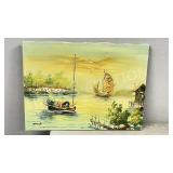 unframed original painting of Asian Boats signed