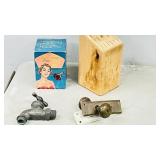 lot of brass door knobs, knife block, brass tap
