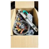 box of various hand tools & garage items
