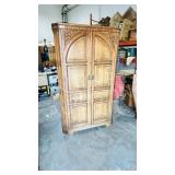 arts & crafts oak wardrobe w carved accents