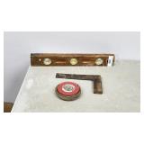 tools- Level, square & Macleods 50ft tape