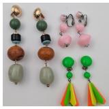 3 Pairs of Long & Dangly Ear Clips of Fun Colors