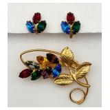 Vintage Multi-Colored Rhinestones Pin & Ear Clips