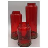 RED GLASS APOTHECARY JARS, brass embossed metal