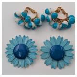 Fun 70s Two Tone Blue Flower Ear Clips & Hoops