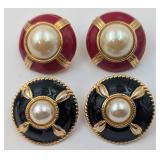 2 Pairs of Nautical Ear Clips, Enamel Work & Pearl