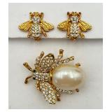 Fancy Pavé Rhinestone Bee Pin & Ear Clips