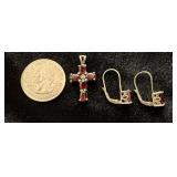 Silver 925 Garnet Cross Pendant & Earrings Silver 925 Garnet Cross Pendant & Earrings