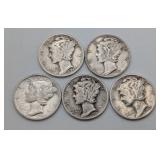 5 Mercury Dimes, c.1941-45 5 Mercury Dimes, c.1941-45
