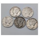 5 Mercury Dimes, c.1944-45 5 Mercury Dimes, c.1944-45
