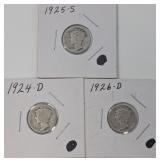 3 Mercury Dimes: 1924-D, 1925-S, 1926-D