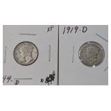 2 Mercury Dimes: 1944-D & 1919-D