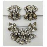 Vintage Layered Rhinestone Pin & Ear Clips Set