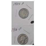 2 Mercury Dimes: 1916-P & 1925-P