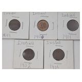 5 Indian Head Pennies: 1904-1908
