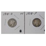 2 Mercury Dimes: 1918-D & P