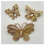 3 Fancy Golden Butterfly Pins