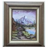 Original Painted Glass Mountain Cabin Scene