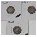 3 Indian Head Cents: 1862, 63, & 64