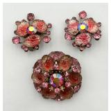 Vintage Pin/Pendant & Ear Clips w/ Pink Stones