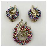 Vintage Red Aurora Borealis Pin & Ear Clips Set