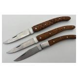 3 Carved Wood Handled Folding Pocket Knifes