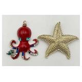 Red Octopus Pendant & Golden Starfish Pin