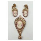 Pretty Vintage Cameo Pin & Ear Clips Set