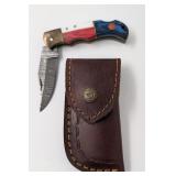 7" Damascus Pocket Knife w/Leather Holster