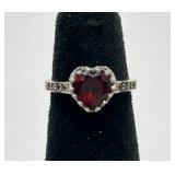 Signed Sterling Silver & Heart Shaped Garnet Ring