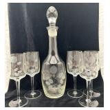 Vintage Etched Rose Decanter & Wine Glasses