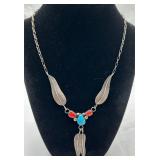 Navajo Sterling Silver, Turquoise & Coral Necklace