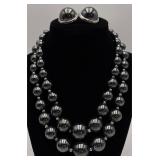 Black & Silver Beaded Necklace & Clip Earring Set
