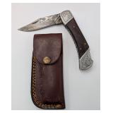 Dark Stain Damascus Pocket Knife w/Leather Sheath