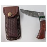 7" Damascus Pocket Knife w/Leather Holster