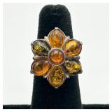 Sterling Silver & Baltic Amber Flower Form Ring