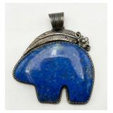 Signed Navajo Sterling Silver & Lapis Bear Pendant
