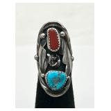 Signed ML Sterling Silver, Turquoise & Coral Ring