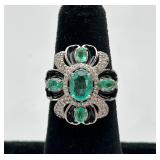 NICE Emerald, Diamond & Sterling Silver Ring