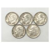 5 Silver Dimes, 3-1961-D, 1962-D, 1962