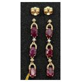 Pair Of YR 925 Sterling Ruby & Diamond Earrings