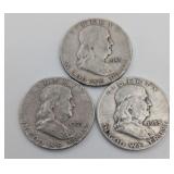 3- 1953 Franklin Half Dollars: 90% Silver