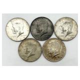 5 Kennedy 40% Silver Half Dollars