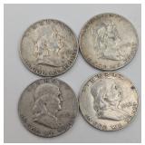 4 Franklin Half Dollars: 90% Silver